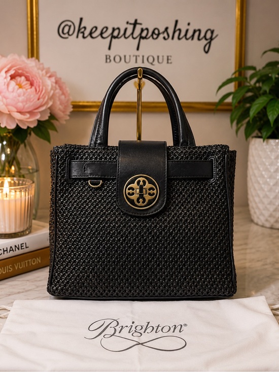 Brighton Handbags - My Flat In London by Brighton Black Woven Satchel with Gold Emblem